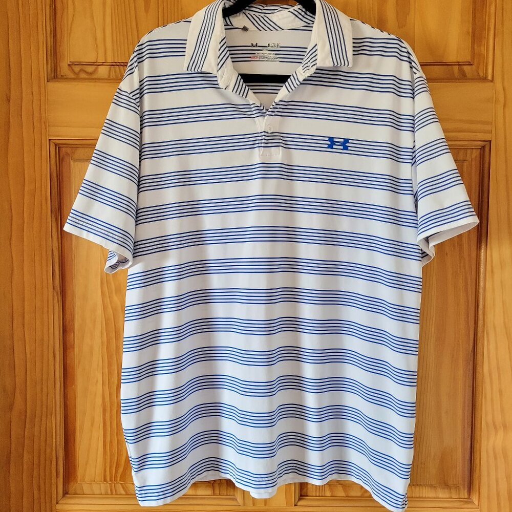 Men's Under Armour white with blue stripes collared polo shirt